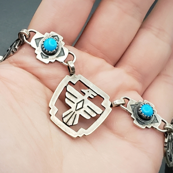 Sterling Silver 925 Native American Shube Thunderbird Turquoise Link Necklace - Picture 4 of 11